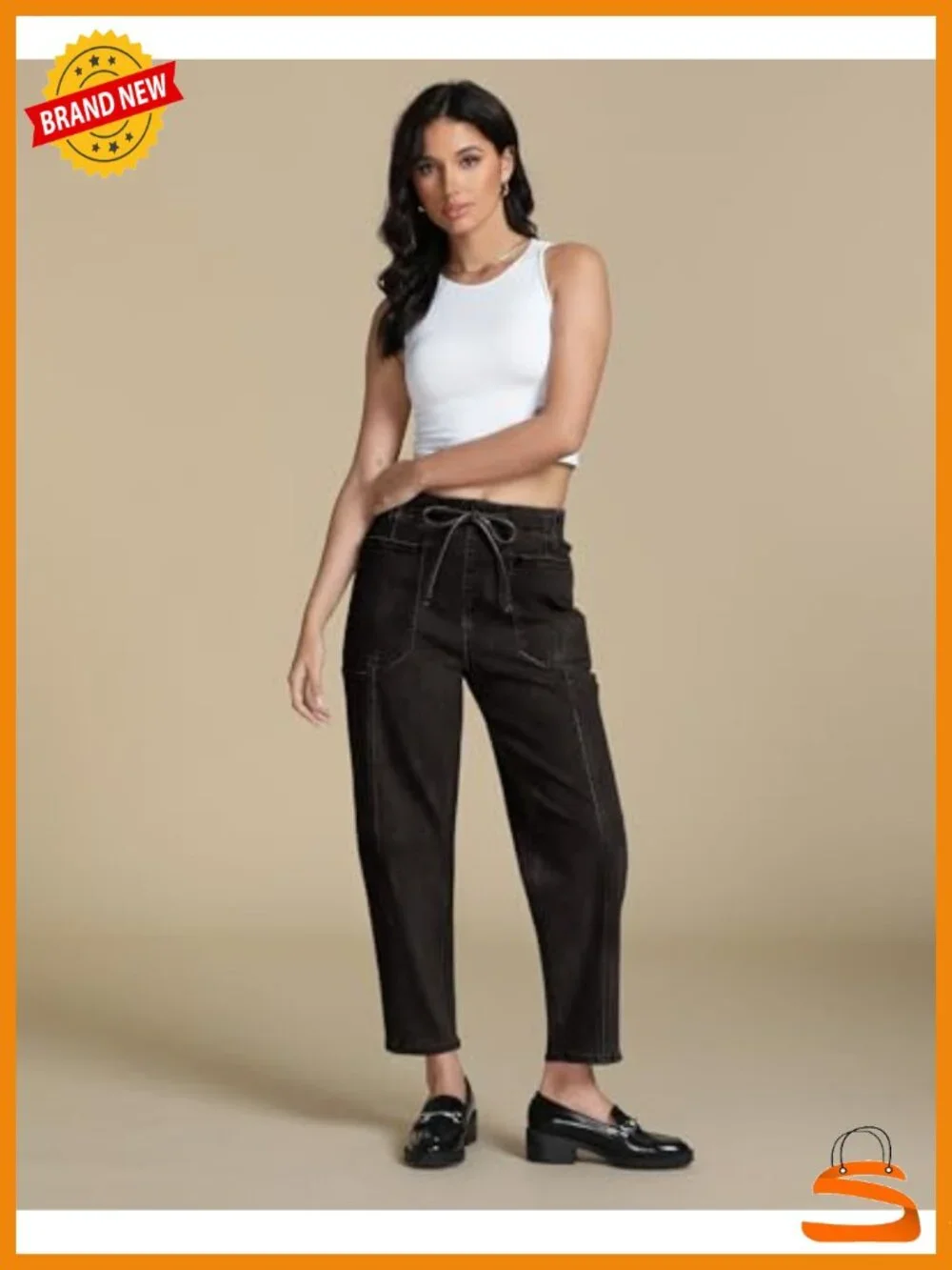 High Waisted Pull On Drawstring Elastic Waist Stretchy Denim Baggy Pants with